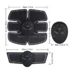 EMS 6-pack abs trainer pads and controller unit with dimensions labeled, showing the measurements for each component.