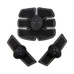 A set of EMS 6-pack abs trainer devices, including one abdominal pad and two smaller pads for arms or legs, with intuitive controls.
