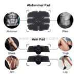 Two EMS 6-pack abs trainer pads—one for abs and waist, the other for arms and thighs—showcasing their versatility.