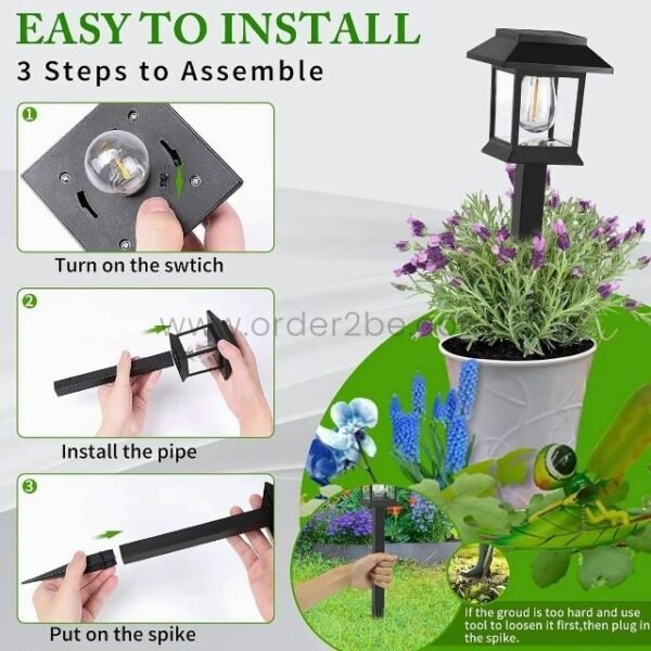 A guide showing three simple steps to assemble a solar garden pathway light.