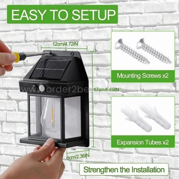 Solar-powered wall light with mounting screws and expansion tubes for easy installation.