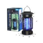 Electric bug zapper with protective grid shown beside its packaging box for efficient mosquito control indoors and outdoors.