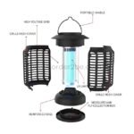 Electric bug zapper with labeled components including handle, UV lamp, protective mesh, and sturdy base for mosquito control.