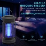 Electric bug zapper emitting blue UV light with protective grid next to packaging for effective pest control indoors and outdoors.