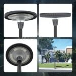 Solar-powered street light with a circular solar panel and LED fixture, ideal for eco-friendly outdoor lighting.
