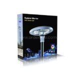 Explorer Warrior solar garden light with a circular design mounted on a pole, featuring a futuristic space-themed packaging. Highlights IP65 rating and customizable RGB lighting for weather-resistant outdoor ambiance.