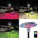 Outdoor lamp post emitting red, white, green, and multicolor lights, with a smartphone interface for app-controlled customization.
