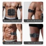 Four EMS 6-pack abs trainer devices designed for abs, arms, waist, and thighs, showcasing their targeted muscle-toning capabilities.