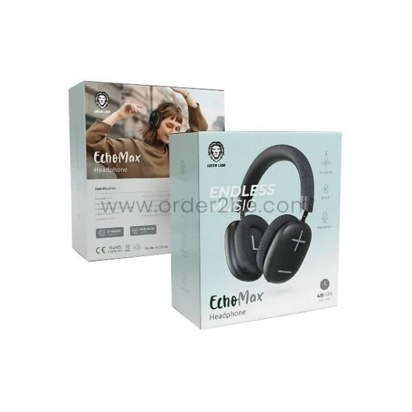 Two boxes of Green Lion Echo Max Bluetooth Headphones showcasing Bluetooth 5.3, 48+ hours playtime, lightweight design, and certifications for quality assurance.