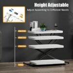 Folding coffee table showcasing its three adjustable height settings for dining, working, and decorating.