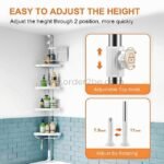 Adjustable shower corner rack with customizable height and four tiers for toiletries and towels.