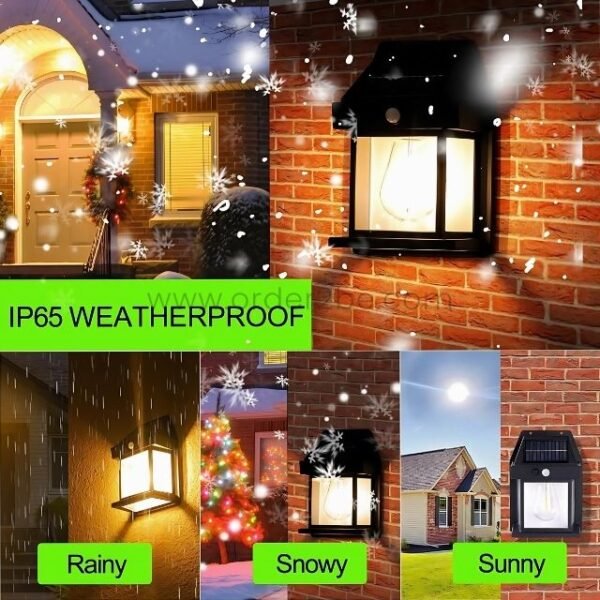 Weatherproof solar-powered wall lights in rain, snow, and sunny conditions.