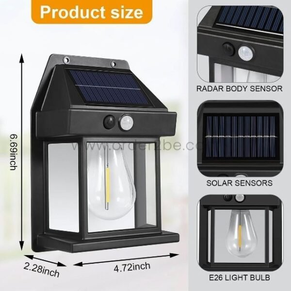 Compact solar-powered wall light with radar sensor, solar panel, and E26 bulb.