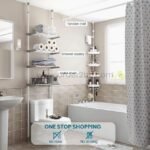 Tension rod system with shelves for toiletries, towels, and toilet paper.