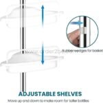 Close-up of adjustable shelves and rubber wedges on shower corner rack.