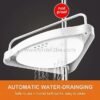 Adjustable shower corner rack with automatic water-draining shelves.