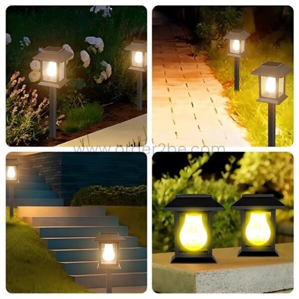 Solar garden pathway lights illuminating flower beds, pathways, stairs, and walls.