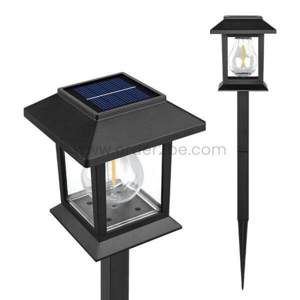 A black solar garden pathway light with a square top, solar panel, and lantern-style body.