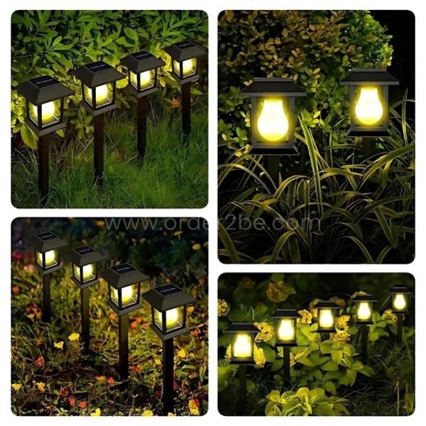 Solar garden pathway lights illuminating various outdoor spaces with a warm yellow glow.