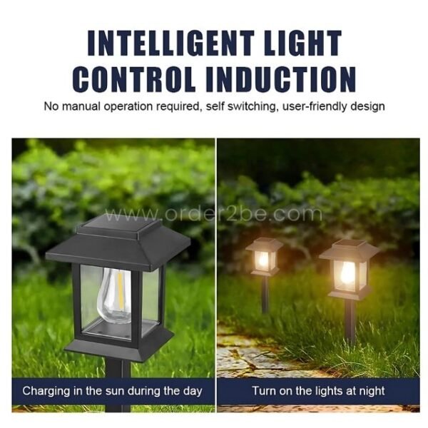 A solar garden pathway light charging in sunlight and illuminating automatically at night.