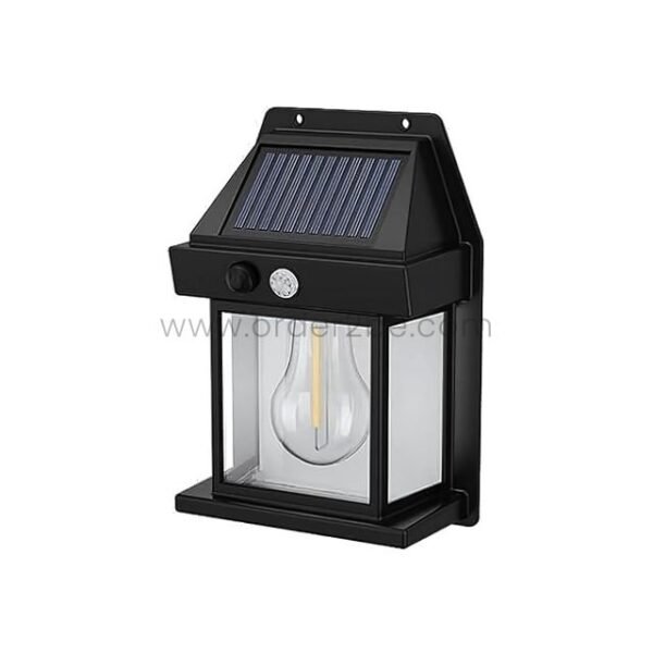 Sleek black solar-powered wall lamp with a clear glass enclosure and solar panel.