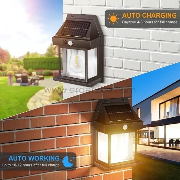 Solar-powered wall lantern with auto charging and working features in day and night settings.