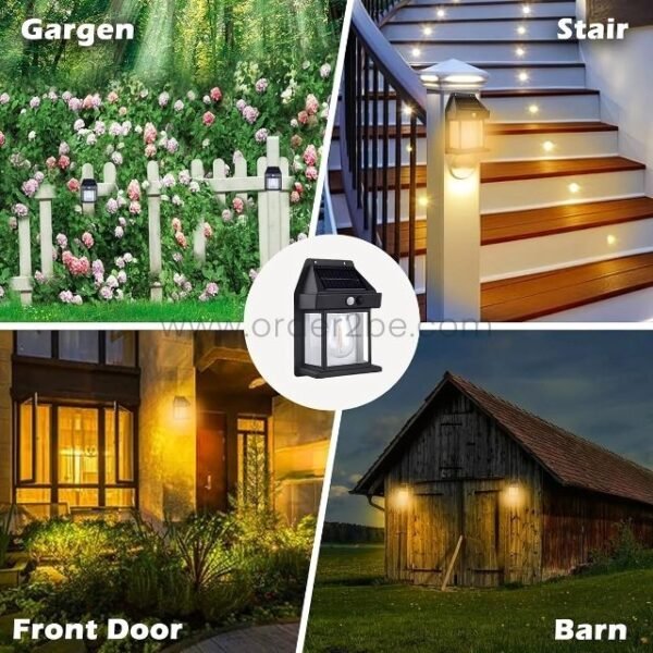 Solar-powered outdoor light used in gardens, stairs, front doors, and barns.