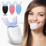 Four ultrasonic whitening toothbrushes in black, pink, blue, and white with a glowing white brush highlighting cleaning technology.
