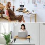 Two women using the desk for seated and standing work in a bright office with plants.