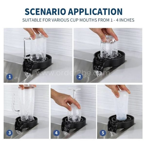 The automatic cup and glass washer cleaning a variety of drinkware, from mugs to wine glasses.