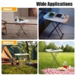 Folding coffee table used in four settings: workspace, living room, camping, and picnic scene.