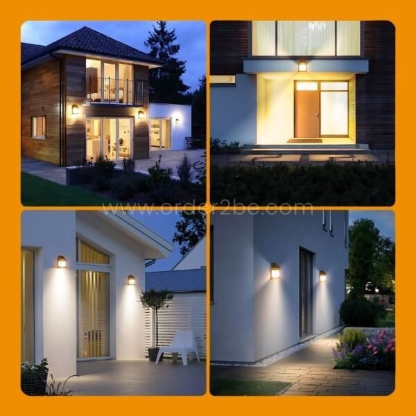 Solar-powered wall lights illuminating modern homes in various outdoor settings.