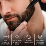 Hand applying waterproof beard filler pen to patchy areas with precision.