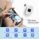 Portable white wireless 4G Wi-Fi router beside a streaming smartphone, highlighting low latency and fast speeds.