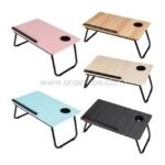 Five desks in pink, natural wood, blue, and black with foldable legs and cup holders.