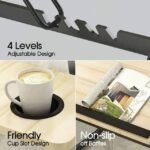 Graphic showing adjustable height, cup holder, and anti-slip baffles on the wooden desk.
