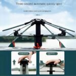 Close-up of the three-second automatic quick-open mechanism of an automatic pop-up camping tent, demonstrating effortless setup.