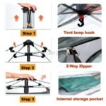 Detailed step-by-step guide for setting up an automatic pop-up camping tent, highlighting key features like the tent lamp hook, two-way zipper, and internal storage pocket.