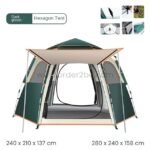 Dark green hexagon automatic pop-up camping tent with an extended front canopy, designed for easy setup and outdoor use.