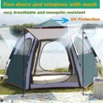 Automatic pop-up camping tent with two doors and windows featuring mesh panels for breathability and mosquito resistance, set up near a serene lakeside.