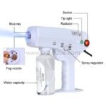 A detailed view of the steam gun’s key features: fog nozzle, spray regulator, blue ray, and more.
