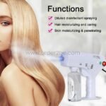 A woman applying steam to her hair with the Blue Magic Nano Steam Gun, showcasing its multiple benefits.