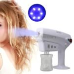 A woman using the Blue Magic Nano Steam Gun to hydrate her hair, enhancing its shine and softness.