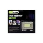 Packaging of GD SUPER 200W solar flood light, highlighting its key features and benefits.
