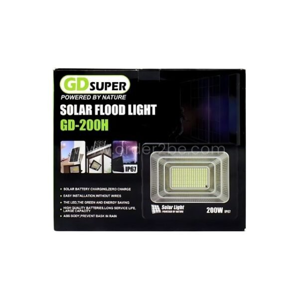 Packaging of GD SUPER 200W solar flood light, highlighting its key features and benefits.