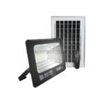 GD SUPER 100W solar flood light featuring a remote control and integrated solar panel for outdoor illumination.