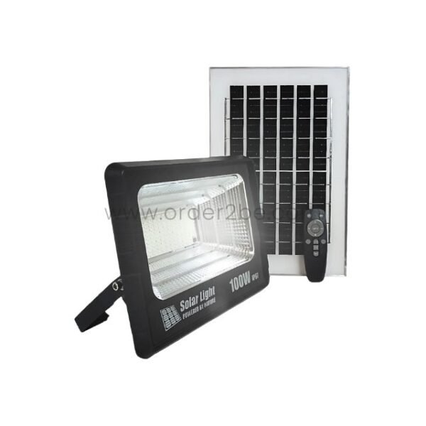 GD SUPER 100W solar flood light featuring a remote control and integrated solar panel for outdoor illumination.