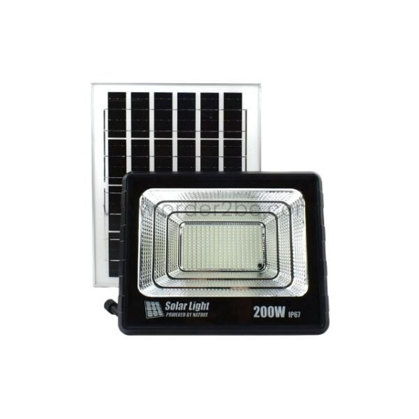 GD SUPER 200W solar flood light with integrated solar panel, showcasing its sleek design.