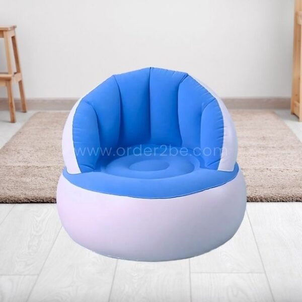 A sleek blue inflatable chair in a simple, modern room.