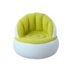 A bright green and white inflatable lounge chair, lightweight and easy to carry.